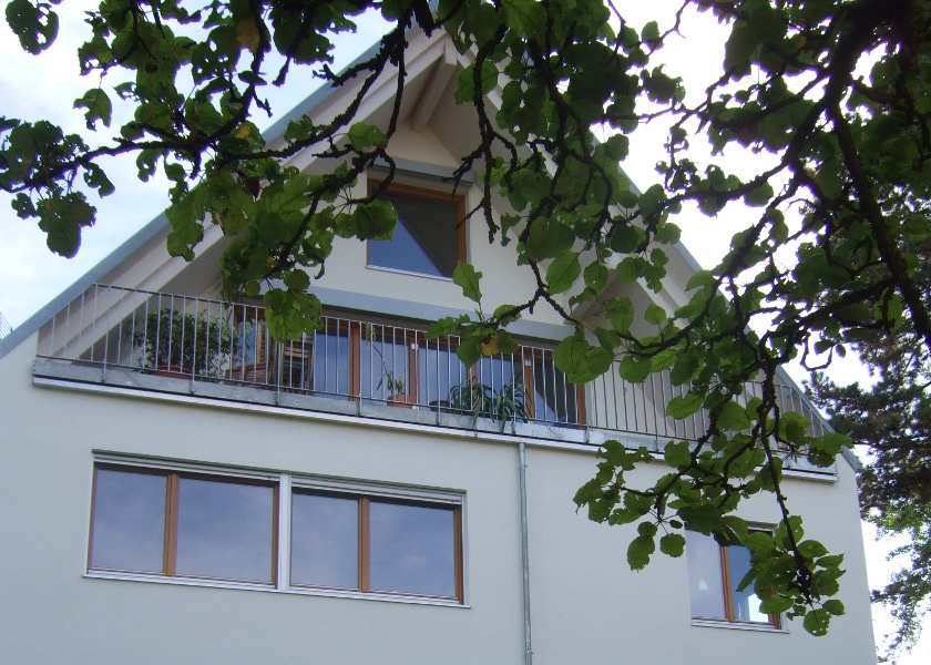 Haus mit Spitzdach aus der Gartenansicht.